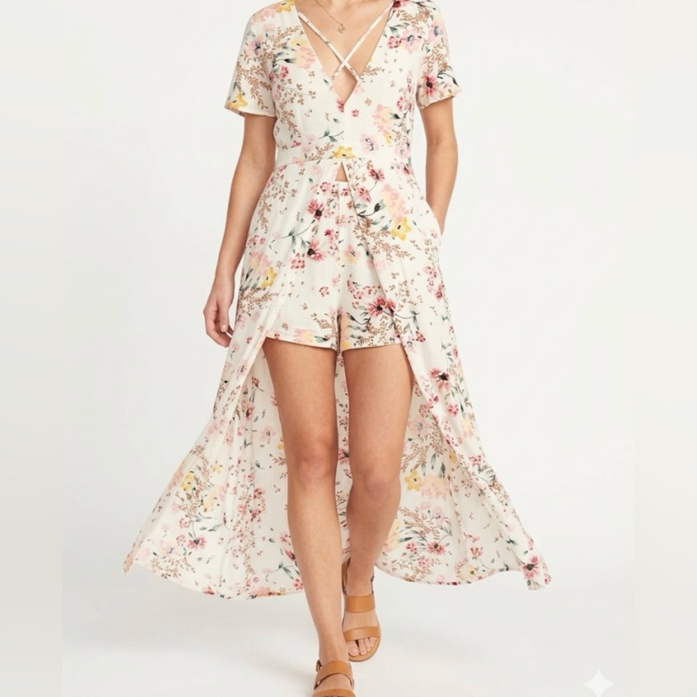 GB Floral V-Neck Romper Maxi Dress L